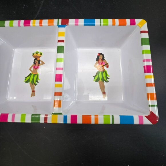 Hula Girl Divided Serving Tray Colorful Striped Border Heavy Melamine DH1367 - Picture 3 of 9